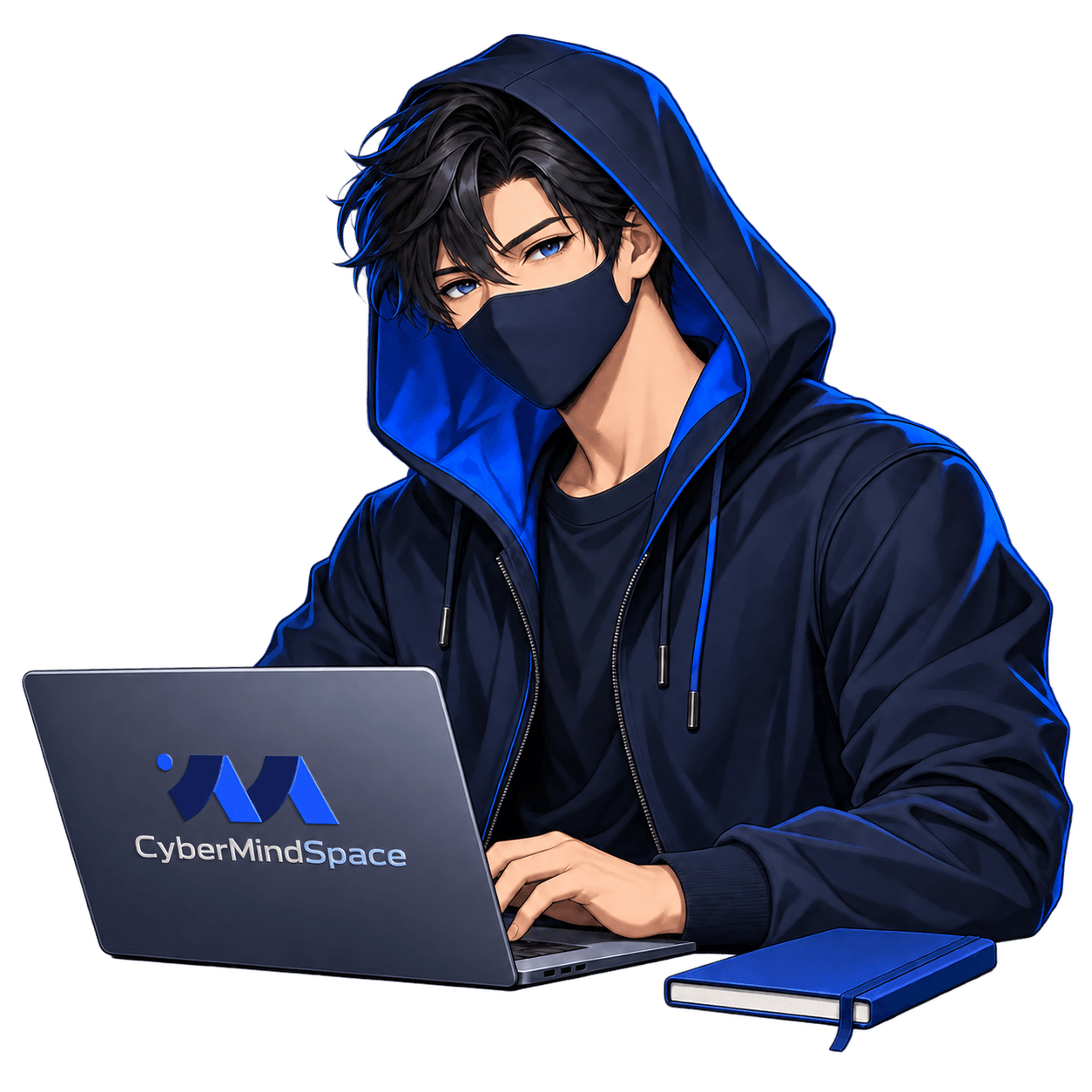 CyberMindSpace’s illustrated coding character working on a laptop.
