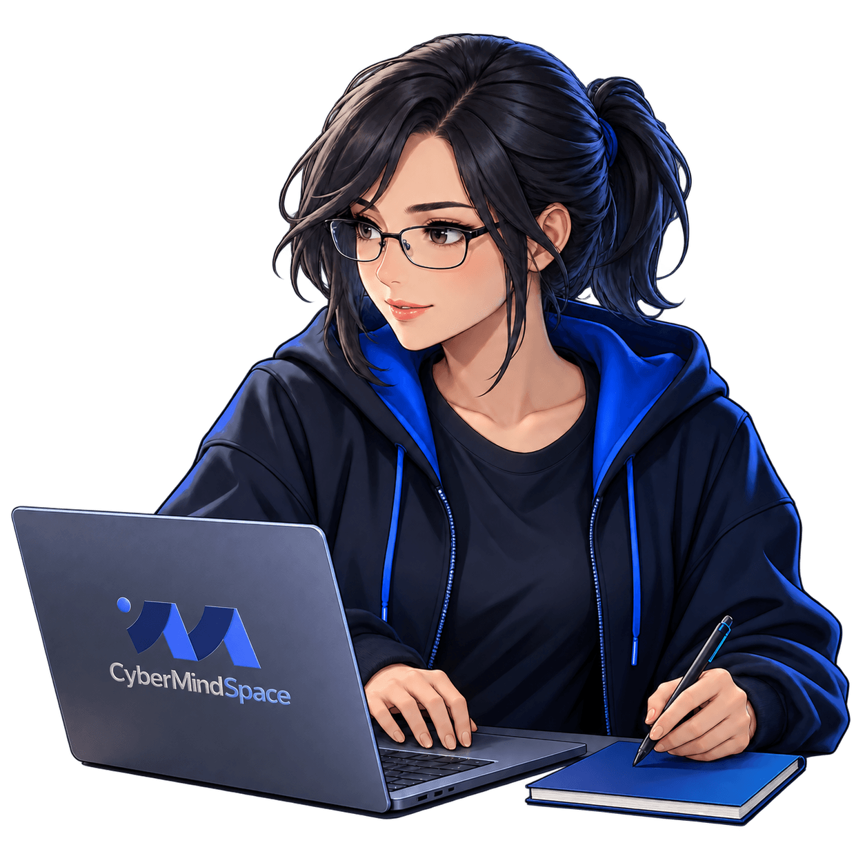 CyberMindSpace Academy’s illustrated learner practising with a branded laptop and notebook.